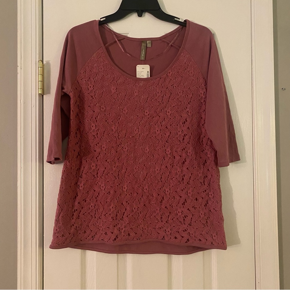 Thyme Maternity Dusty Rose Pink 3/4 Sleeve Lace Overlay Top Small Shirt